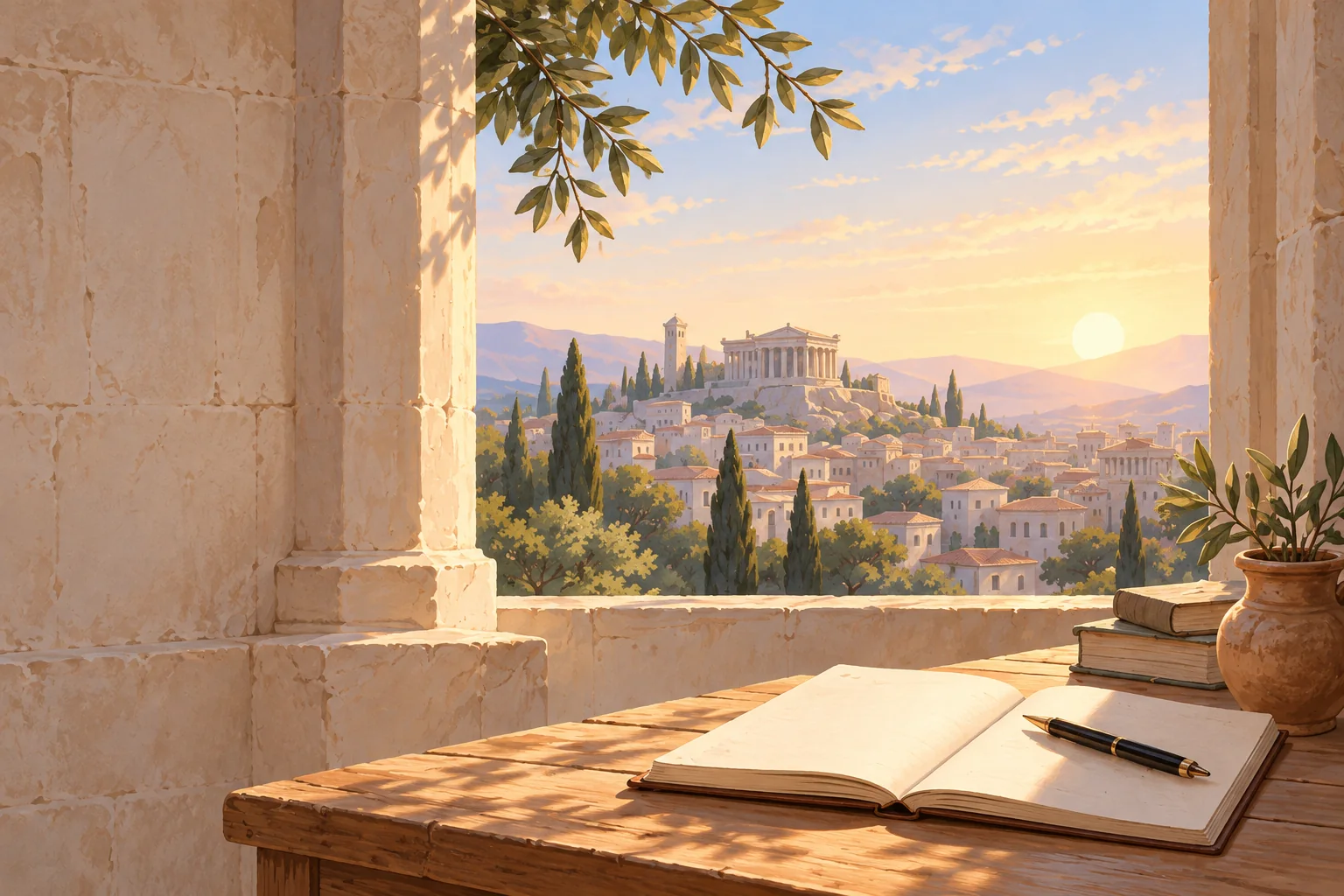 Un cuaderno abierto junto a una ventana al amanecer